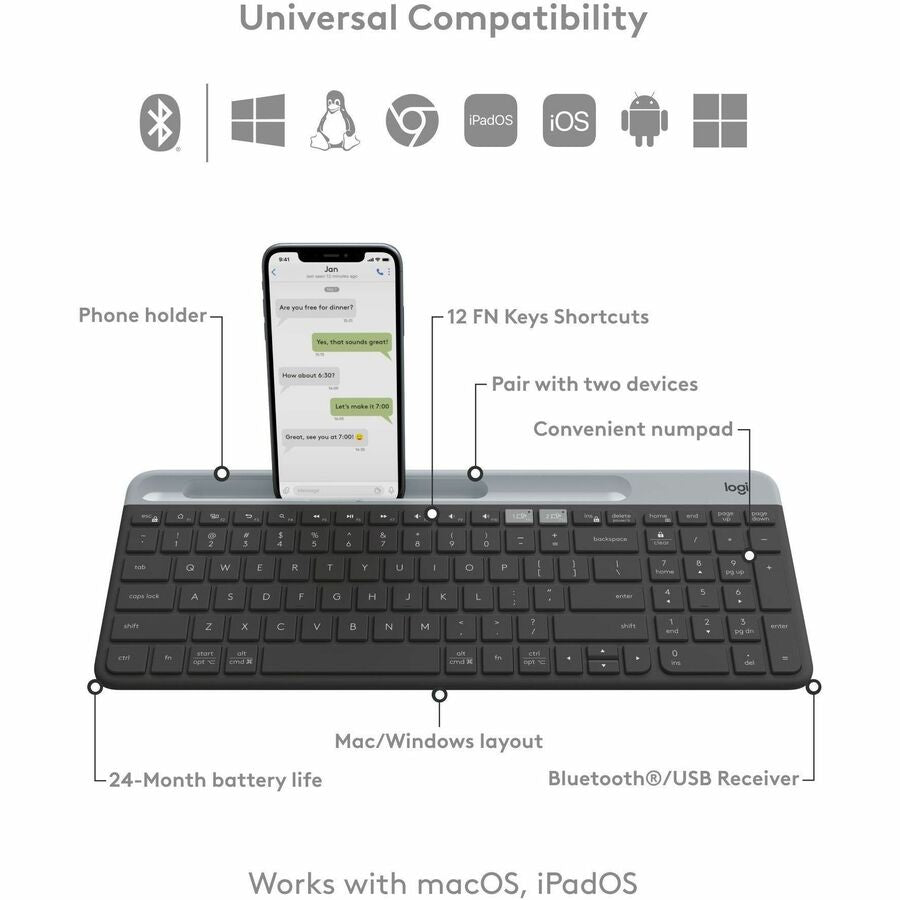 Logitech K585 Multi-Device Slim Wireless Keyboard, Built-in Cradle for device, Bluetooth/Receiver, Easy Switch, Graphite - 920-011479