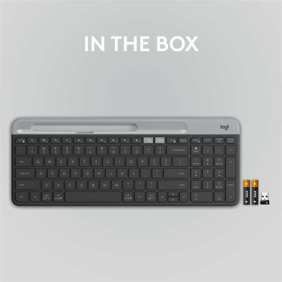 Logitech K585 Multi-Device Slim Wireless Keyboard, Built-in Cradle for device, Bluetooth/Receiver, Easy Switch, Graphite - 920-011479