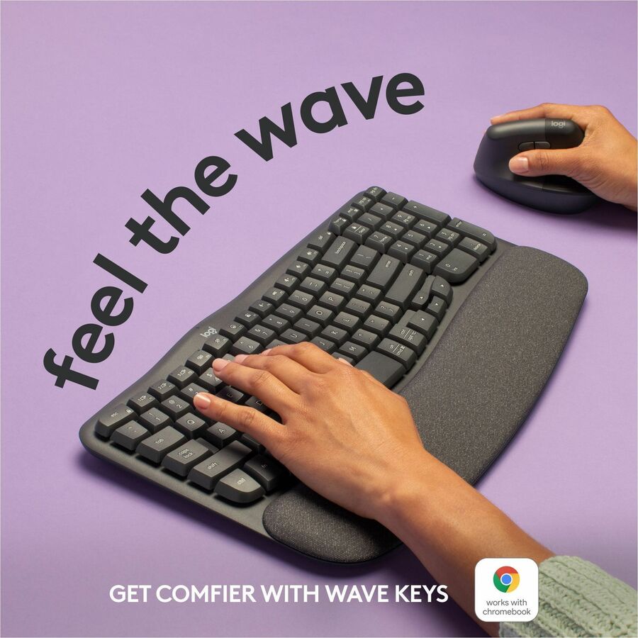 Logitech Wave Keys Wireless Ergonomic Keyboard with Cushioned Palm Rest, Comfortable Natural Typing, Graphite - 920-011898