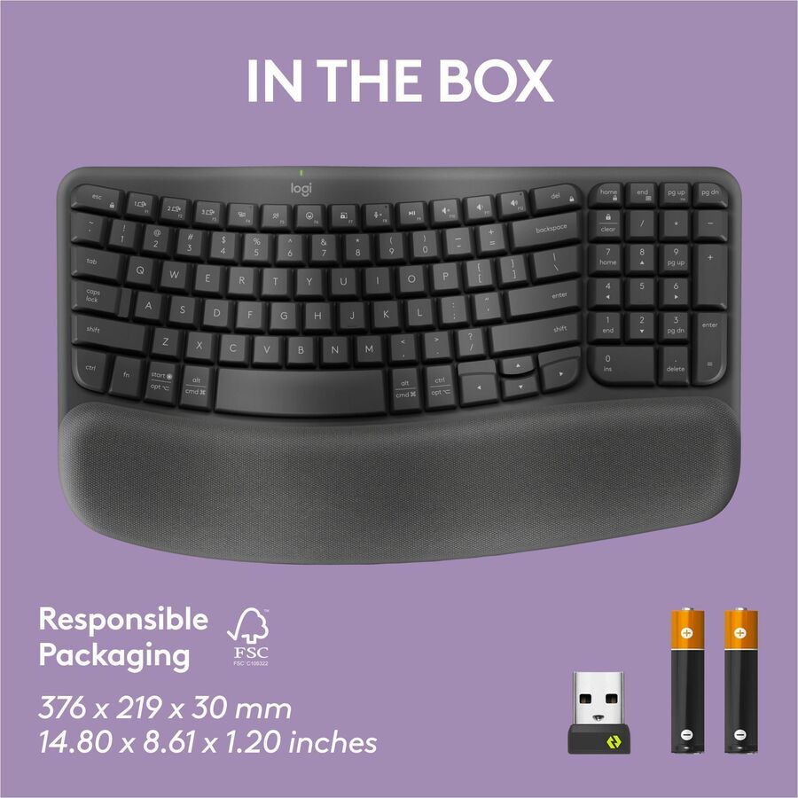 Logitech Wave Keys Wireless Ergonomic Keyboard with Cushioned Palm Rest, Comfortable Natural Typing, Graphite - 920-011898