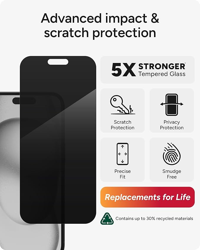 ZAGG Glass Elite Privacy iPhone 15 Screen Protector - 5X Stronger with Reinforced Edges, 2-Way Privacy Filter, Scratch & Smudge-Resistant Surface, InvisibleShield, Easy to Install